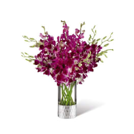 Purple orchids arranged in a clear glass vase with a textured silver base