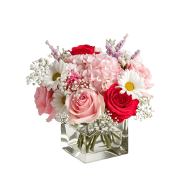 Pink and red roses with white daisies in a clear square vase