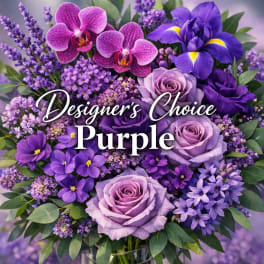 Purple bouquet with roses, orchids, and irises