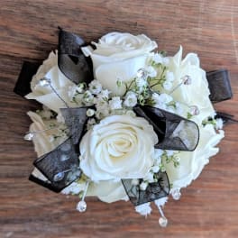 White rose bouquet with black ribbon and crystal accents