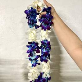 Two purple and white orchid leis held by a hand