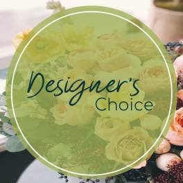 Designer’s Choice text over a floral arrangement background