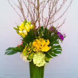 Pink Tulips, Yellow Calla Lilies And Other Spring Flowers