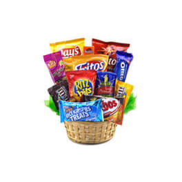 Basket filled with assorted snack bags