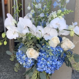 Blue hydrangeas, white orchids, and cream roses in a glass vase