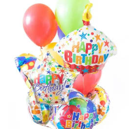 Cluster of colorful birthday balloons with printed "Happy Birthday" text