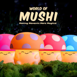 Four colorful mushroom-shaped lights with smiling faces
