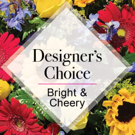 Bright mixed bouquet of red gerbera daisies, yellow sunflowers, and other colorful flowers with text overlay.