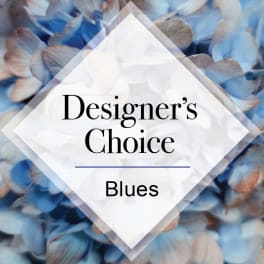 Blue and white flower petals with a translucent diamond overlay reading Designer's Choice Blues