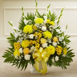 Heartfelt Tribute Floor Basket Arrangement- Yellow and White