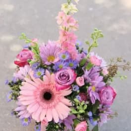 Pink and purple mixed bouquet with a large gerbera daisy