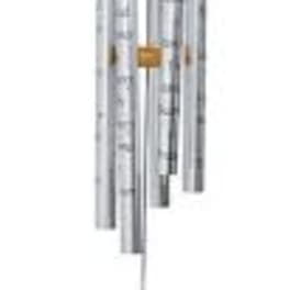 Metal wind chime with a wooden top and hanging oval tag