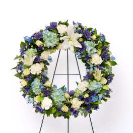 Our Gentle Thoughts Collection: 18" Open Wreath of White & Blue Blooms