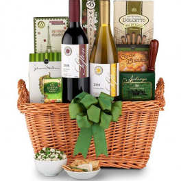 Gift basket with wine, crackers, chocolates, and cookies
