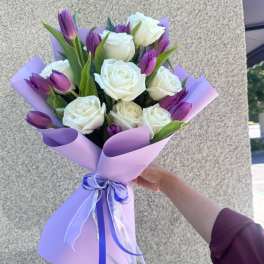 Whites Roses with Purple Tulips 