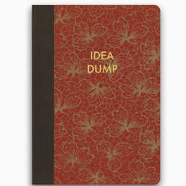 Red patterned notebook with gold text reading "IDEA DUMP"