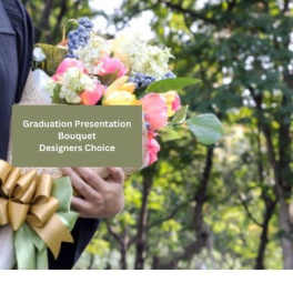 Person holding a graduation bouquet with pink and yellow flowers