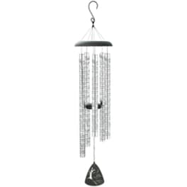 Metal wind chime with hanging tubes and a black clapper