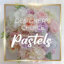 Pastel bouquet of roses and hydrangeas with text overlay