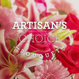 Bouquet of pink and red flowers with lilies and roses