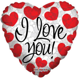 Heart-shaped balloon with red hearts and "I Love You" text