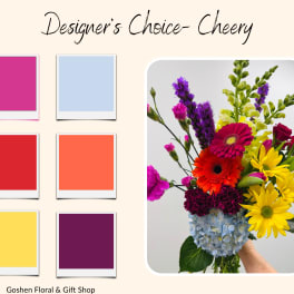 Bright mixed bouquet with gerbera daisies, hydrangea, and purple spikes
