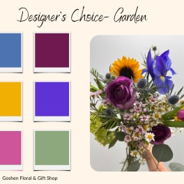 Mixed bouquet with purple, yellow, and white flowers