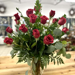 Two Dozen Long Stemmed Roses vase arrangement by Westford Florist Art by Veny