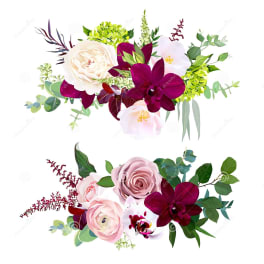 Two floral bouquets with pink and white blooms and dark purple orchids
