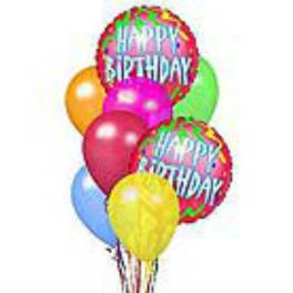 Cluster of colorful birthday balloons with two "Happy Birthday" balloons