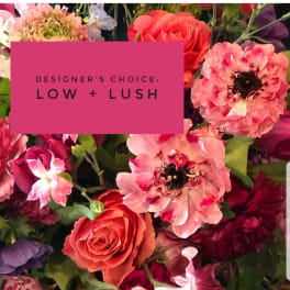 Low, lush bouquet of pink and coral flowers with roses and zinnias