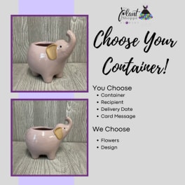 Pink elephant-shaped ceramic planter shown in two views with text beside it