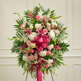 Deepest Sympathies Standing Spray- Pink and White