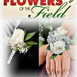 White rose boutonniere and wrist corsage with baby's breath