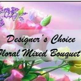 Mixed bouquet with pink, yellow, purple, and white flowers
