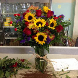 Sunflower, roses, Mini carnations and static