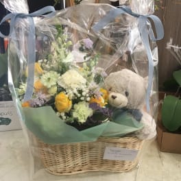 #157 designer choice new born baby arrangement with teddy bear & mini balloon