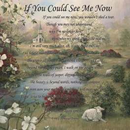 Memorial print with a poem over a pastoral scene of flowers, a church, and a lamb