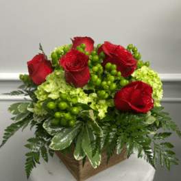 Red roses arranged with green hydrangeas in a square wooden container