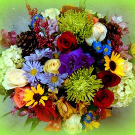 Mixed bouquet with roses, daisies, and chrysanthemums