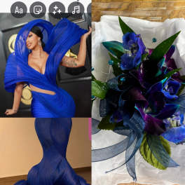 Blue floral bouquet with ribbon and green leaves