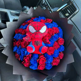 Bouquet of red and blue roses with a Spider-Man plush centerpiece