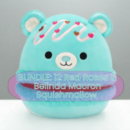 Blue bear squishmallow with heart decorations and text overlay