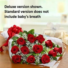 Bouquet of red roses with baby's breath wrapped in white paper