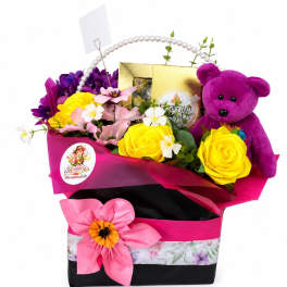 Canasta flores Naturales con Oso