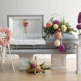 Carnations Spear Casket Spray, Heart, Topiary, Fireside Basket, and Heartlid Decoration