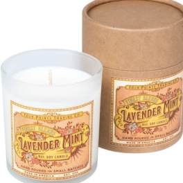 Two lavender mint soy candles in glass jars with cardboard lids