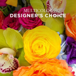 Close-up of a multicolored bouquet with yellow and orange roses, purple roses, and orchids.