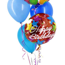 Birthday balloon bouquet with two printed foil balloons and three blue latex balloons