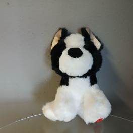 Black and white plush dog sitting on a glass surface